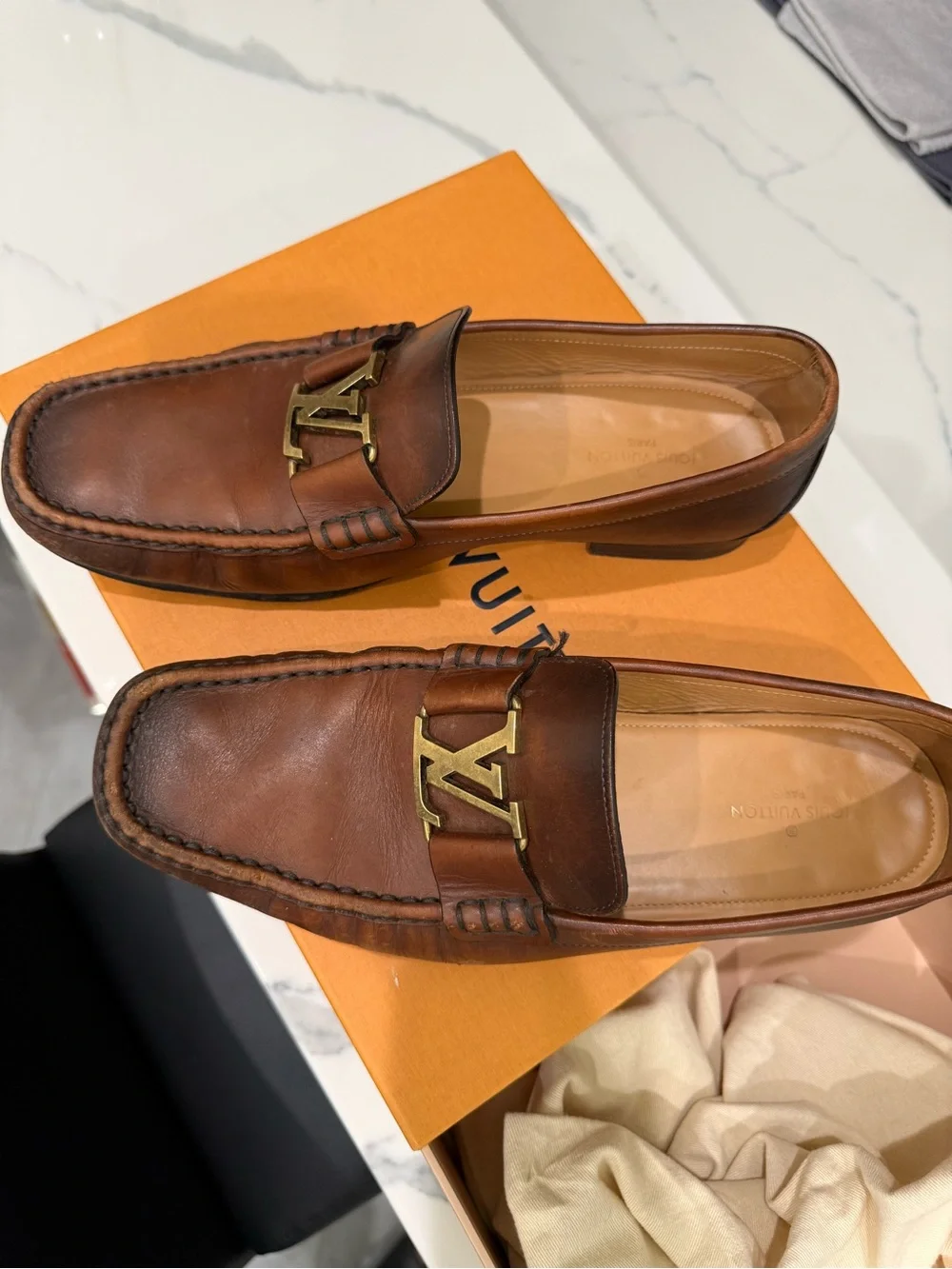 Louis Vuitton Montaigne Brown Leather LV Logo Loafers Authentic Box & Receipt